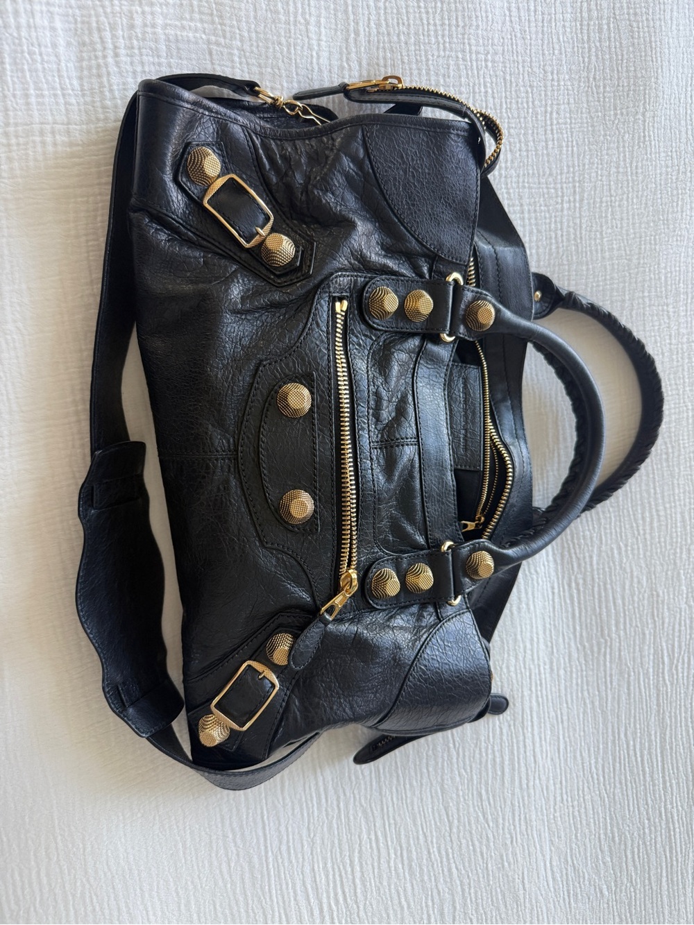 Balenciaga Black Leather Shoulder Bag with Gold Hardware